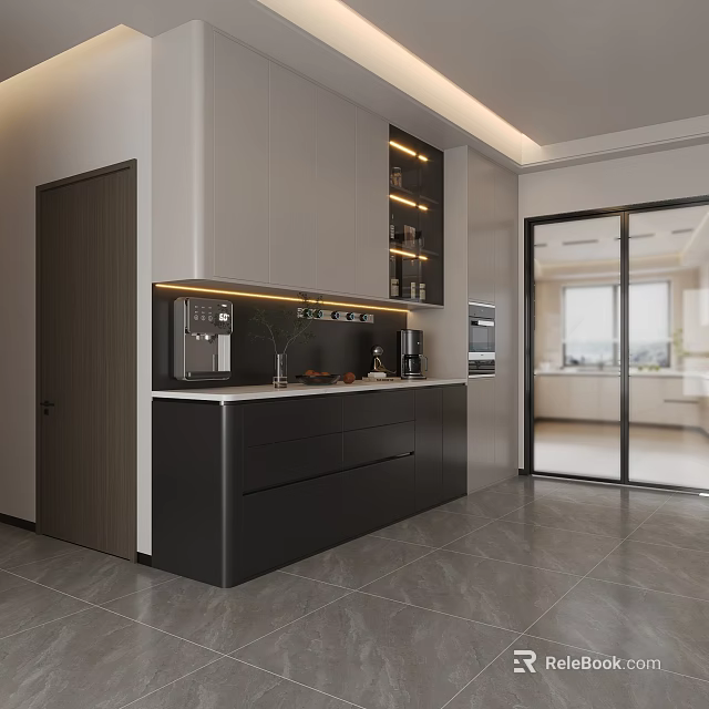 Modern Black Wine Cabinet Design With LED Lighting Built-in Appliances And White Upper Cabinets 3d model 