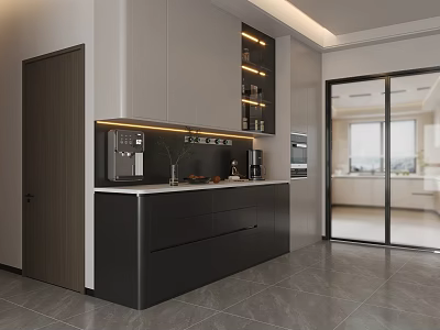 Modern Black Wine Cabinet Design With LED Lighting Built-in Appliances And White Upper Cabinets 3d model