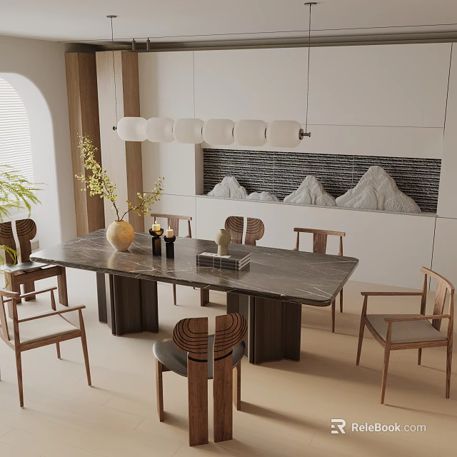 Modern Dining Table Set With Wooden Chairs Marble Top And Pendant Light 3d model 