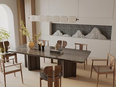 Modern Dining Table Set With Wooden Chairs Marble Top And Pendant Light 3d model