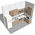 Modern Kitchen Interior With White Fridge Sink Stove Gray Wall And Light Wood Cabinets