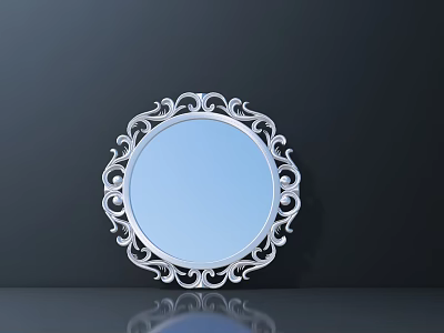 Ornate Carved Round Mirror Frame With Reflective Surface And Dark Background 3d model