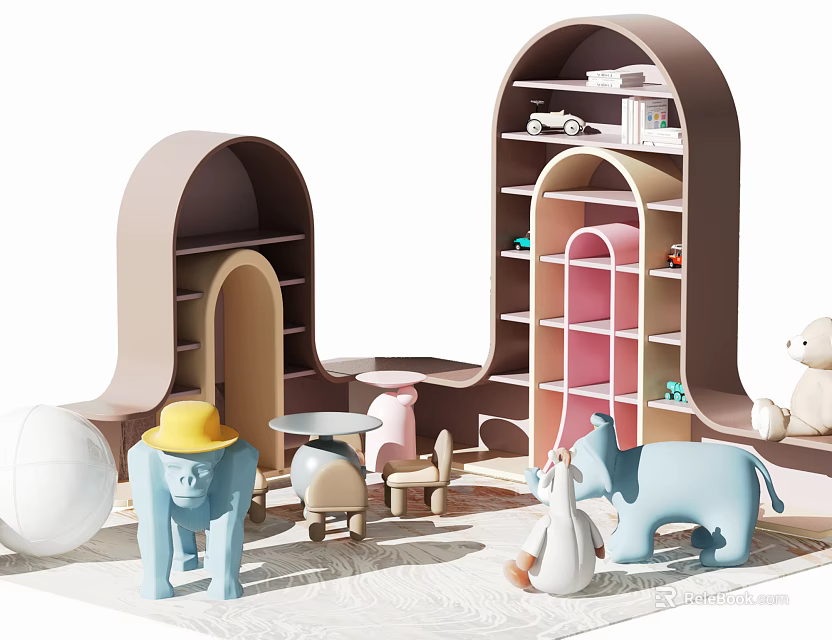 Kids Desk with Arch Shelves Toy Animals Small Chair Soft Colors Learning Play Space 3d model 