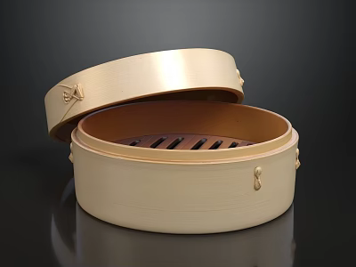 Traditional Golden Steamer With Open Lid And Internal Bamboo Steaming Rack 3d model