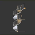 Spiral Staircase in Dollar Sign Shape with Wooden Steps and Metal Railings