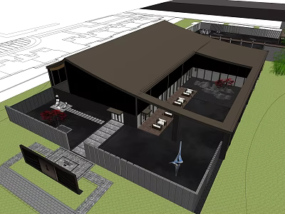 Modern Sales Office Building With Dark Roof Courtyard Outdoor Seating And Sculpture 3d model