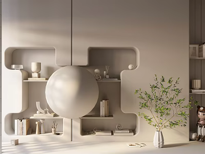 White Geometric Decorative Cabinet With Open Shelves Vases Books And Green Plant 3d model