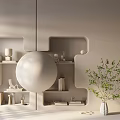 White Geometric Decorative Cabinet With Open Shelves Vases Books And Green Plant