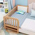 Wooden Kids Bed with Gray Polka Dot Mattress Blue Pillow and Yellow Step in Room