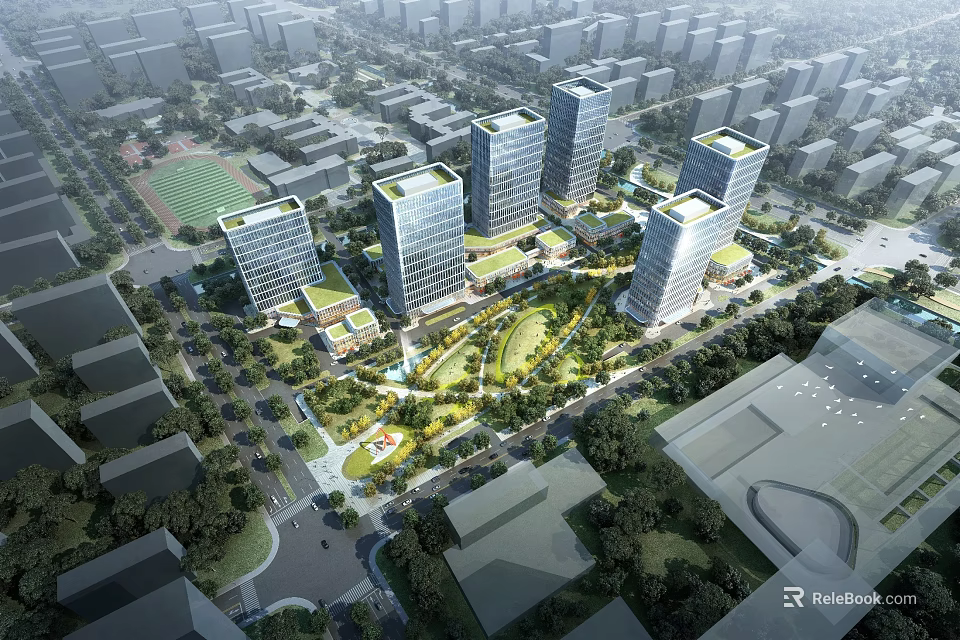 Modern High Rise Office Buildings With Green Spaces And Urban Gardens 3d model 