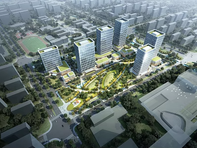 Modern High Rise Office Buildings With Green Spaces And Urban Gardens 3d model