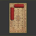 Beige Area Carpet With Intricate Floral Pattern And Red Decorative Rolls On Top
