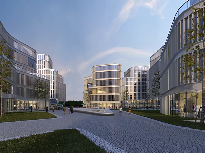 Modern Industrial Park Featuring Glass Facade Buildings Spacious Plaza Green Trees And Pedestrians 3d model