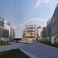 Modern Industrial Park Featuring Glass Facade Buildings Spacious Plaza Green Trees And Pedestrians