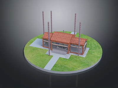 Small Brick Building With Red Tile Roof Chimneys Green Grass And Pathway 3d model