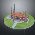 Small Brick Building With Red Tile Roof Chimneys Green Grass And Pathway