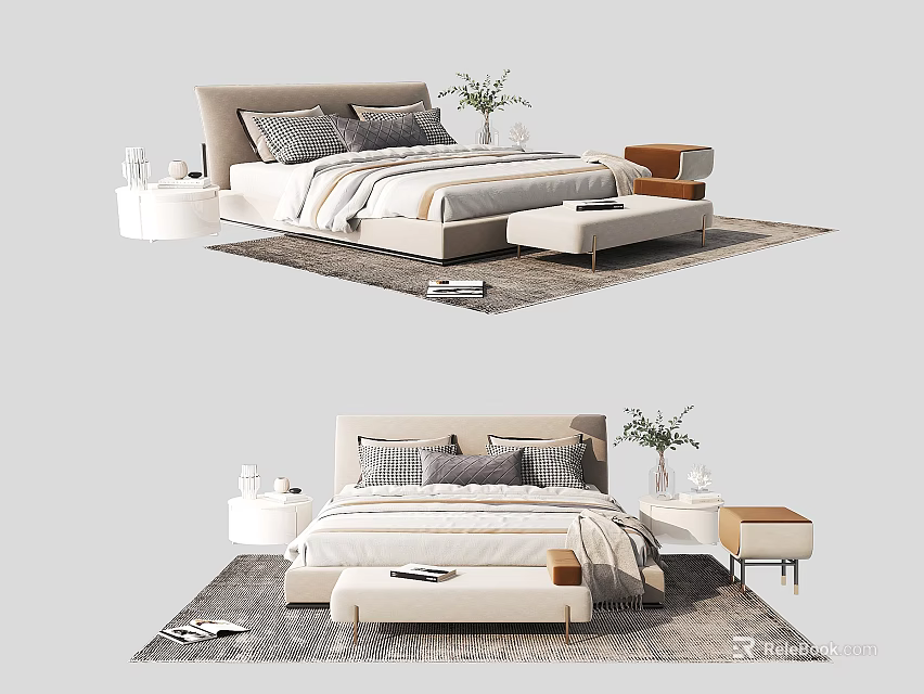 Modern Double Bed Interior With Upholstered Headboard Throw Pillows And Area Rug 3d model 