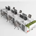 Modern Office Desks with Multiple Workstations Computer Monitors Office Chairs and Green Plants 3d model