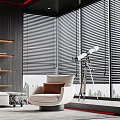 Modern Living Room Interior With Black Ceiling Red Lines Sofa Cushions Coffee Table Shelves Blinds