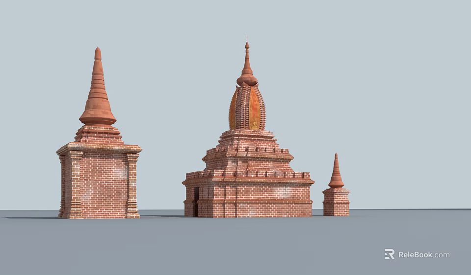 Red Brick Temple Towers With Spires In Different Sizes Architectural Design 3d model 