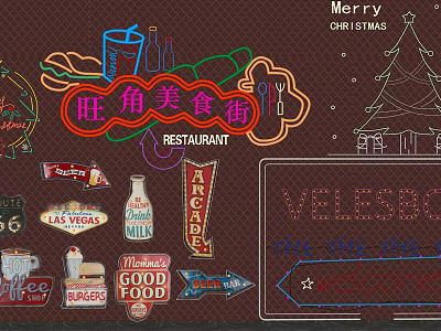 Neon Decorative Lights For Restaurant Street With Christmas Themes And Food Signs 3d model