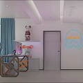Gaming Study Room Decorated with Figurines Desk Monitor and Window Curtains