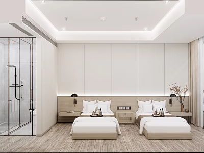 Modern Hotel Guest Room With Two Beds Open Shower Wooden Flooring And Bedside Lamps 3d model