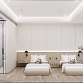 Modern Hotel Guest Room With Two Beds Open Shower Wooden Flooring And Bedside Lamps