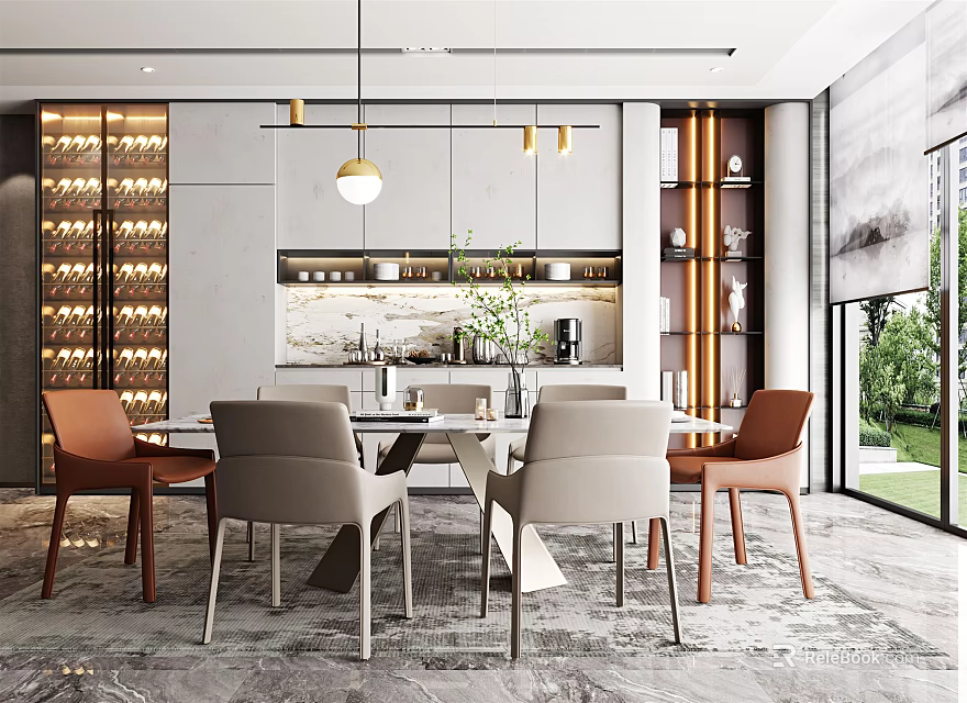 Modern Restaurant Interior With Dining Table Chairs Pendant Lights Wine Rack And Green Plants 3d model 