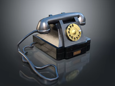Vintage Rotary Telephone With Metal Handset Gold Dial Black Body And Curved Cord 3d model