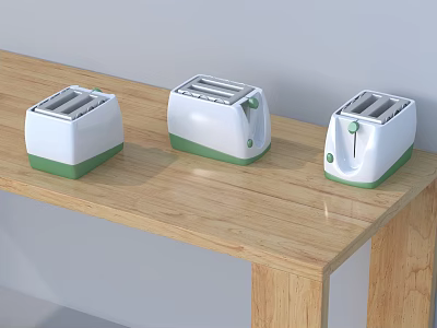 Three White And Green Toasters On Wooden Tabletop For Modern Kitchen Appliance Setup 3d model