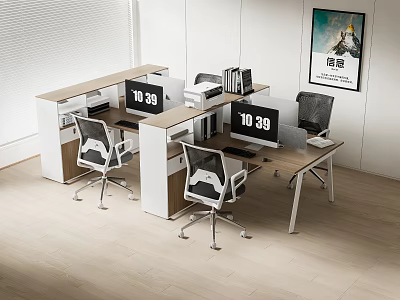 Modern Office Desk Setup With Computer Monitors Ergonomic Chairs Bookshelves And Wall Art 3d model