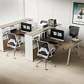 Modern Office Desk Setup With Computer Monitors Ergonomic Chairs Bookshelves And Wall Art