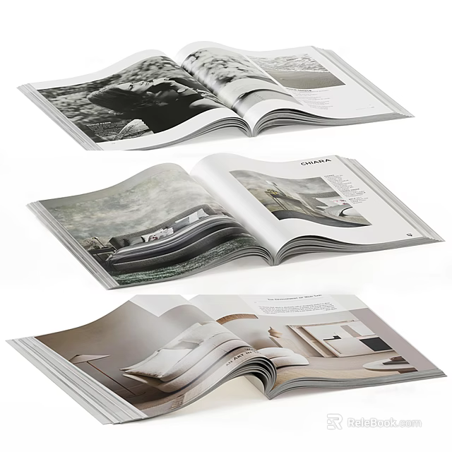 Open Interior Design Magazine Pages Showcasing Modern Home Decor Ideas 3d model 