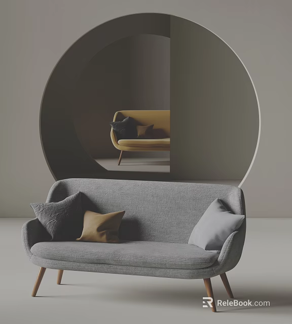 Gray Two Seater Sofa With Pillows And Circular Decor Background Yellow Sofa 3d model