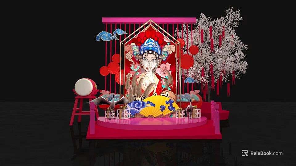 Traditional Chinese Themed Display With Female Figure Red Decor Clouds Drum And Cherry Blossom Tree 3d model 