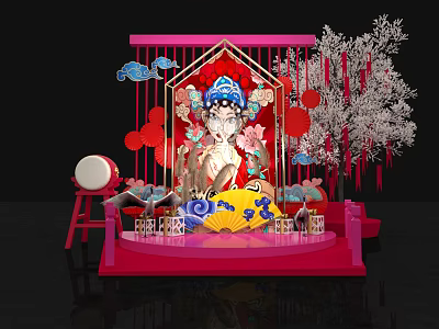 Traditional Chinese Themed Display With Female Figure Red Decor Clouds Drum And Cherry Blossom Tree 3d model