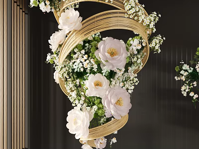 Spiral Hanging Decoration with Golden Frame Large White Flowers Small White Flowers and Green Leaves 3d model