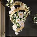 Spiral Hanging Decoration with Golden Frame Large White Flowers Small White Flowers and Green Leaves