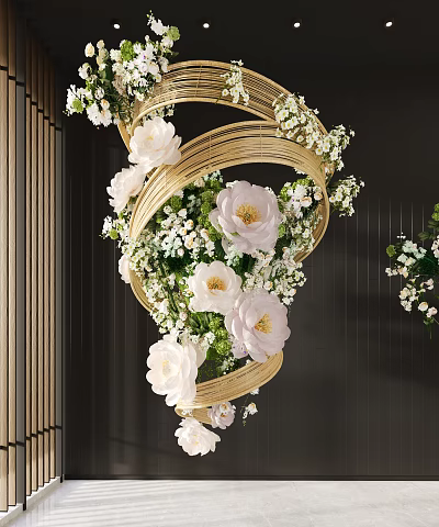 Spiral Hanging Decoration with Golden Frame Large White Flowers Small White Flowers and Green Leaves 3d model