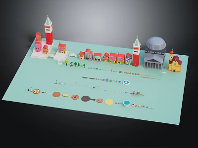 Colorful Architectural Models Featuring Towers Dome Structures and Small Buildings on Green Base 3d model