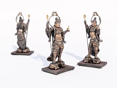 Three Standing Religious Sculptures With Halo And Ritual Staff On Pedestal Base 3d model