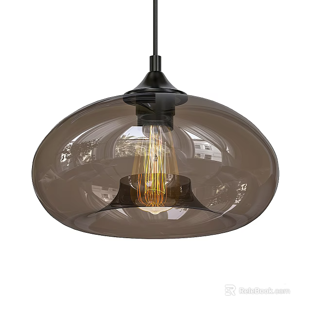 Modern Amber Glass Domed Pendant Light With Vintage Bulb And Black Base 3d model 