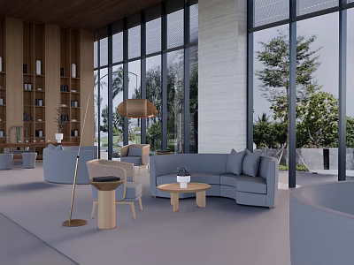 Modern Hotel Lobby Interior With Large Windows Gray Sofa And Greenery 3d model