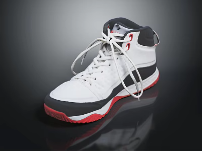Fashionable High Top White Basketball Sneakers With Black Trim And Red Rubber Sole 3d model