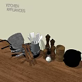 Essential Kitchen Appliances With Pots Spatulas Grinders And Utensils On Wooden Table