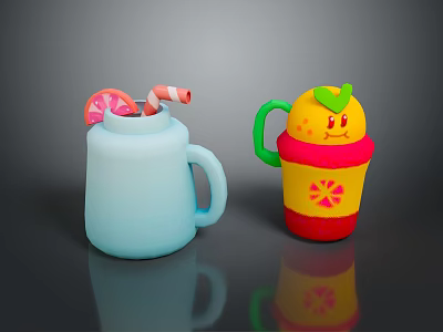 Cute Light Blue And Yellow Red Cups With Candy Cane And Lemon Decorative Lids 3d model