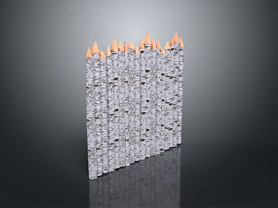 Scenic Landscape of Neatly Arranged Silver Pillars with Orange Flames on Grey Background 3d model