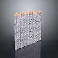 Scenic Landscape of Neatly Arranged Silver Pillars with Orange Flames on Grey Background