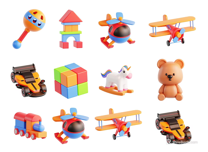 Assorted Colorful Kids Toys with Airplanes Cars Blocks Rocking Unicorn Teddy Bear 3d model 
